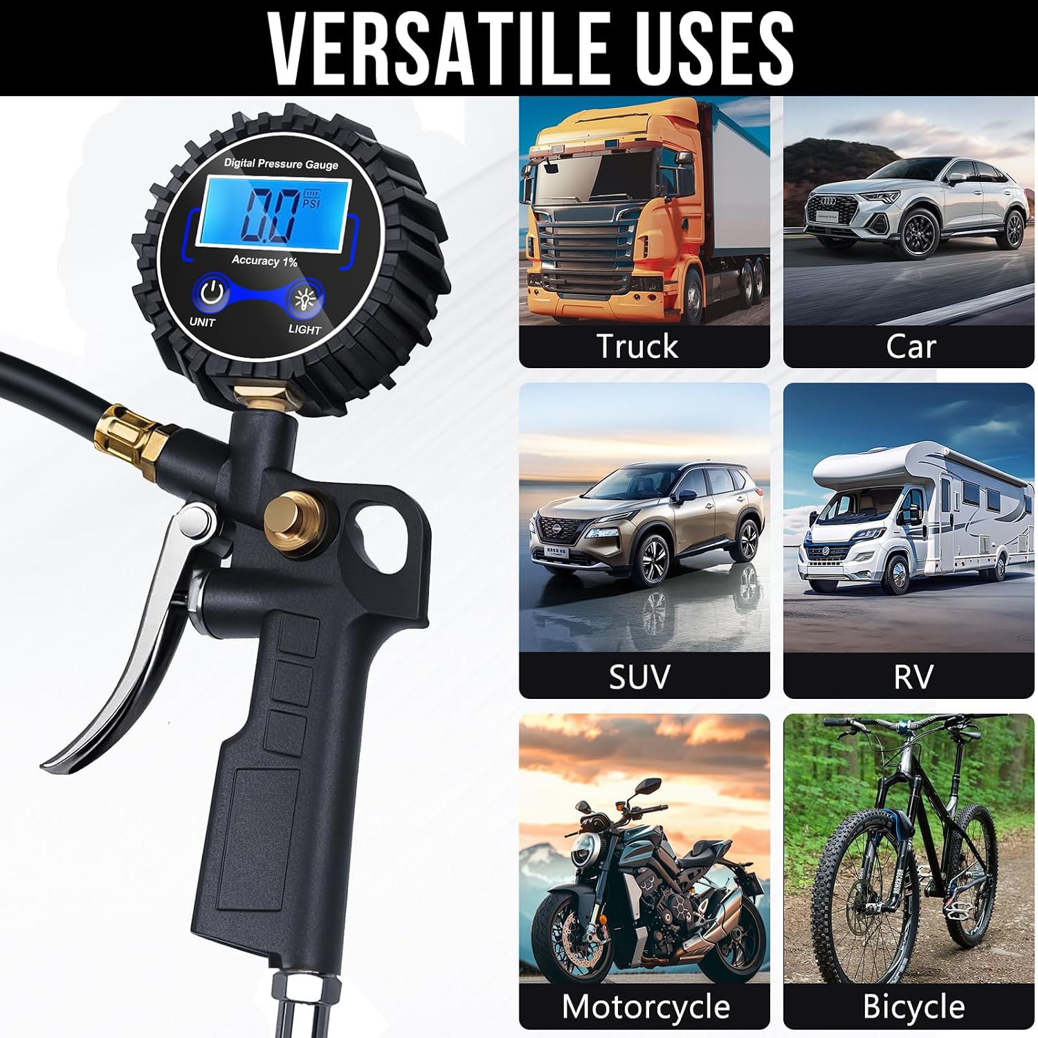 Dailyard™High Precision Digital Tire Inflator Pressure Gauge | 3-in-1 Inflate Deflate Check Tire Tool