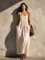 Smocked Square Neck Spaghetti Strap Pocket Linen Blend Maxi Dress
