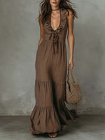 Loose Casual Deep V Ruffled Sleeveless Long Skirt Dress