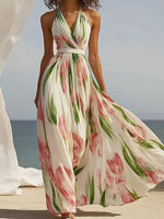 Halter V-Neck Floral Pleated Maxi Dress with Waist Belt