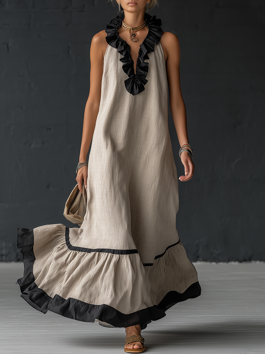 Stylish Simple Sleeveless Color-blocked Ruffled V-neck Cotton Linen Maxi Dress