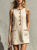 Sleeveless Button Front Casual Mini Dress with Pockets