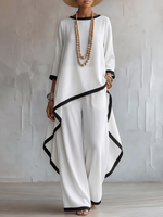 Stylish Cotton-linen Two-piece Set With Elegant Color-contrast Trim