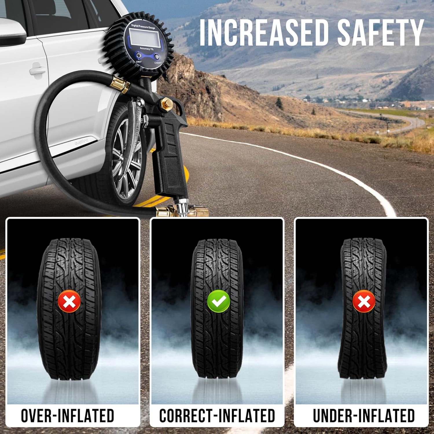 Dailyard™High Precision Digital Tire Inflator Pressure Gauge | 3-in-1 Inflate Deflate Check Tire Tool