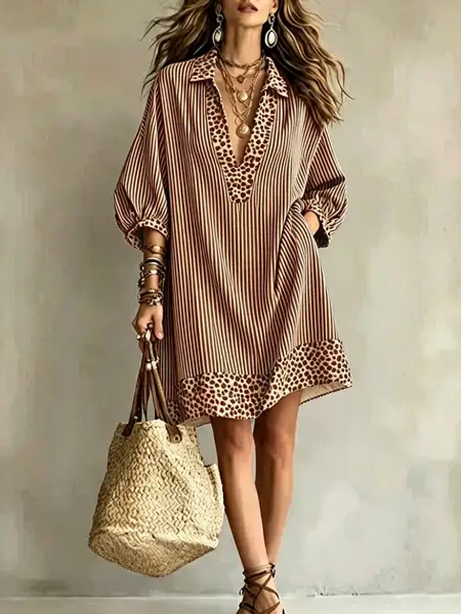 Striped Split-Joint Pockets Leopard Contrast Color Loose Half Sleeves V-neck Mini Dresses
