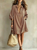 Striped Split-Joint Pockets Leopard Contrast Color Loose Half Sleeves V-neck Mini Dresses