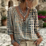 Abstract Dot Print Casual V‑Neck Blouse
