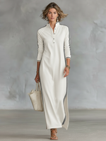 Minimalist White-trimmed Button-down Collar Sweatshirt Dress Maxi Dress