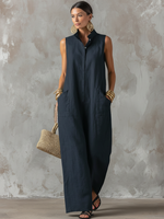 Women's Minimalist Loose-Fit Linen-Blend Jumpsuit ¡ª Stand Collar, Sleeveless, Single-Breasted