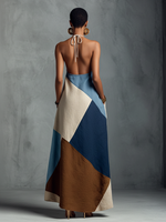 Women's Bohemian Multi-color Cotton Linen Blend Patchwork Halter Maxi Dress