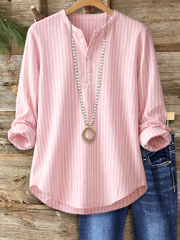 Pink Pinstripe Split-Neck Top