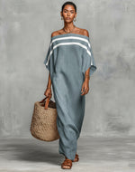 Stripe Off Shoulder Batwing Linen Maxi Kaftan Dress