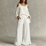 Women Solid Textured Cold Shoulder Batwing Top Elastic Waist Ruffle Wide Leg Pants Matching Set