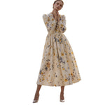 Retro Casual V-Neck Printed Long Sleeve Women'S Dress Long Skirt Spring New Style