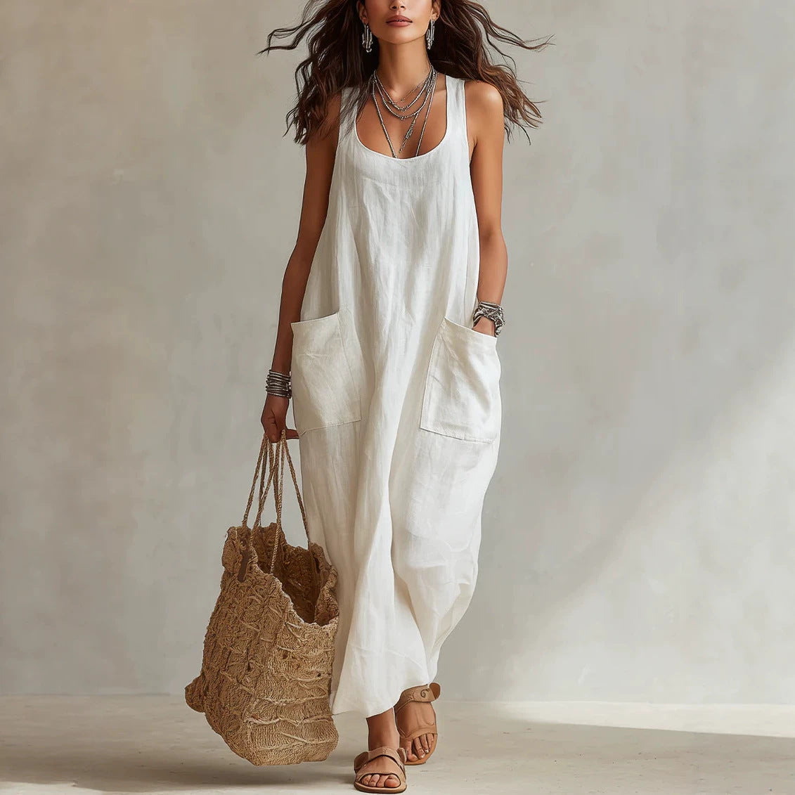 U-Neck Sleeveless Loose Pocket Maxi Dress, Casual Flowy Long Dress