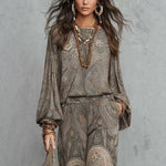 Vintage Paisley Print Long Sleeve Blouse & High Waist Wide Leg Pants 2 Piece Boho Co-Ord Set