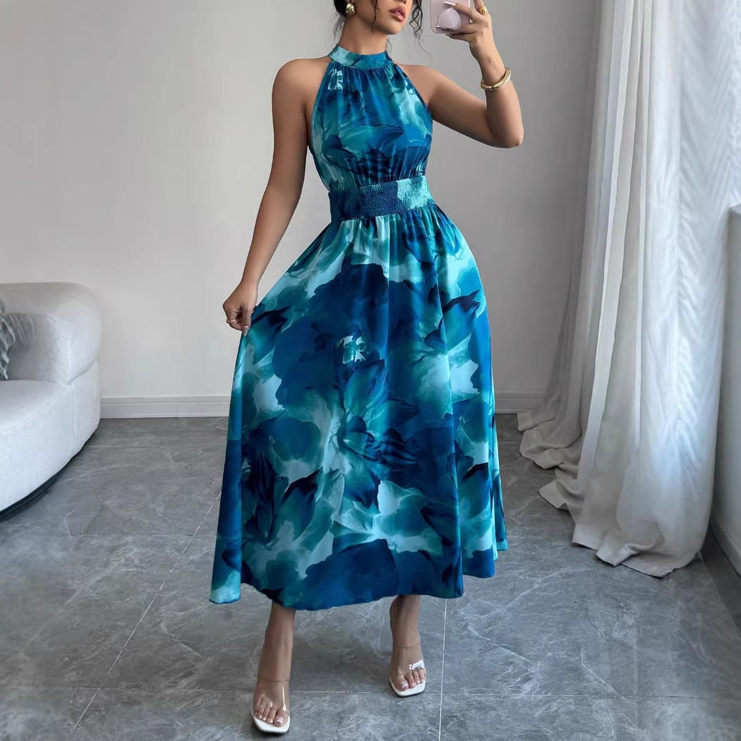 Summer Halter-Neck Waist-Cinching Sleeveless Ruffle Dress
