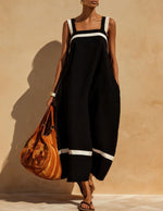 Linen Contrast White Stripe Square Neck Midi Skirt Set