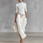 White Contrast Strip Trim Mock Neck 3/4 Sleeve Top