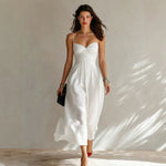 Linen Spaghetti Strap Sweetheart Ruched Bust Flowy Midi Dress