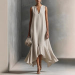 Sleeveless V-Neck Linen Midi Dress with Ruffled Hem