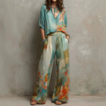 Watercolor Floral Print Two-Piece Linen-Blend Set