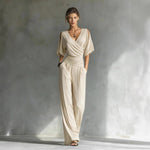 Cold Shoulder Wrap V Ruched Waist Wide Leg Jumpsuit