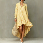 Vertical Stripe Long Sleeve Hi-Lo Ruffle Hem Shirt Midi Dress