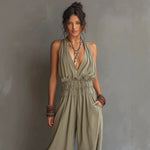 Halter Deep V Smocked Elastic Waist Wide Leg Palazzo Jumpsuit