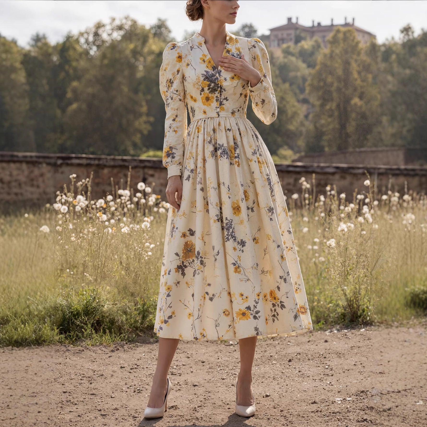 Retro Casual V-Neck Printed Long Sleeve Women'S Dress Long Skirt Spring New Style
