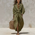 Women'S Solid Color Shirt Collar Single-Breasted Pocket Cardigan Long-Sleeved Casual Dress
