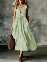 Cross-Border Elegant Casual Style Pocket V-Neck Pleated Sleeveless Vest Dress