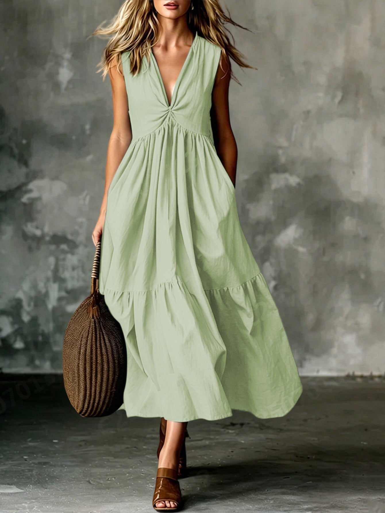 Cross-Border Elegant Casual Style Pocket V-Neck Pleated Sleeveless Vest Dress