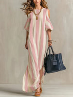Vertical Stripe Cold Shoulder Split Maxi Shift Dress