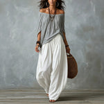 Summer New Women'S High-End Casual Wide-Leg Pants Paired With Exquisite One-Line Collar Off-Shoulder Tops