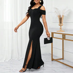 Black Off-Shoulder Slit Long Skirt, Slim Dress, Feminine Evening Dress, Early Summer Exquisite Cross-Border Ready Stock