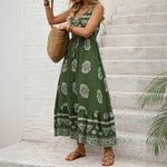 Cross-Border New Resort Style Printed Dress Green Ethnic Style Casual V-Neck High Waist Long Skirt For Women