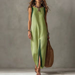 Two-Tone Color Block Sleeveless Straight Midi Dress