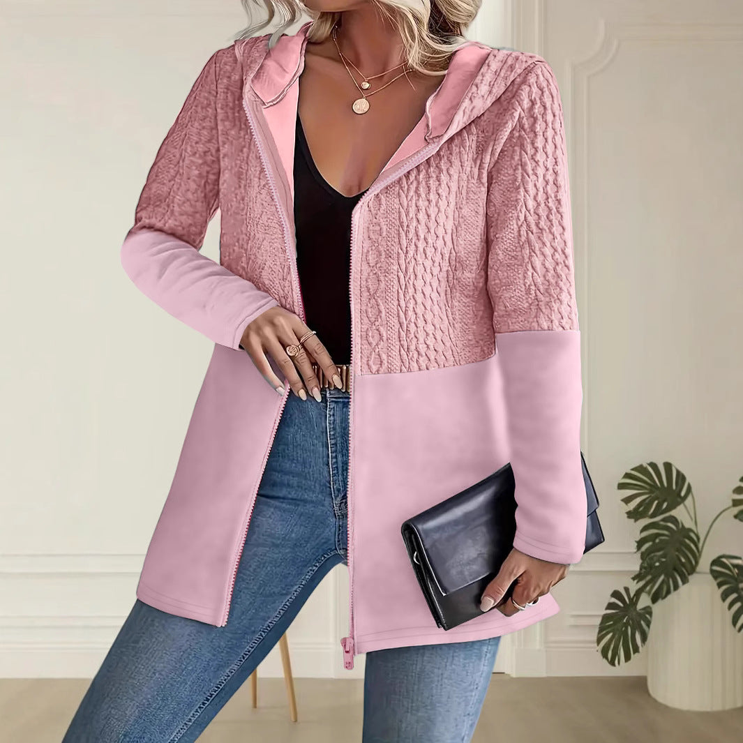 Women'S Autumn And Winter Solid Color Corrugated Stitching Casual Loose Women'S Hooded Jacket