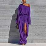 Vibrant Purple Off Shoulder Batwing Wrap Slit Maxi Dress