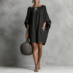 Women's Solid-color round-neck 3/4-sleeve Casual Loose Cotton-linen Dress