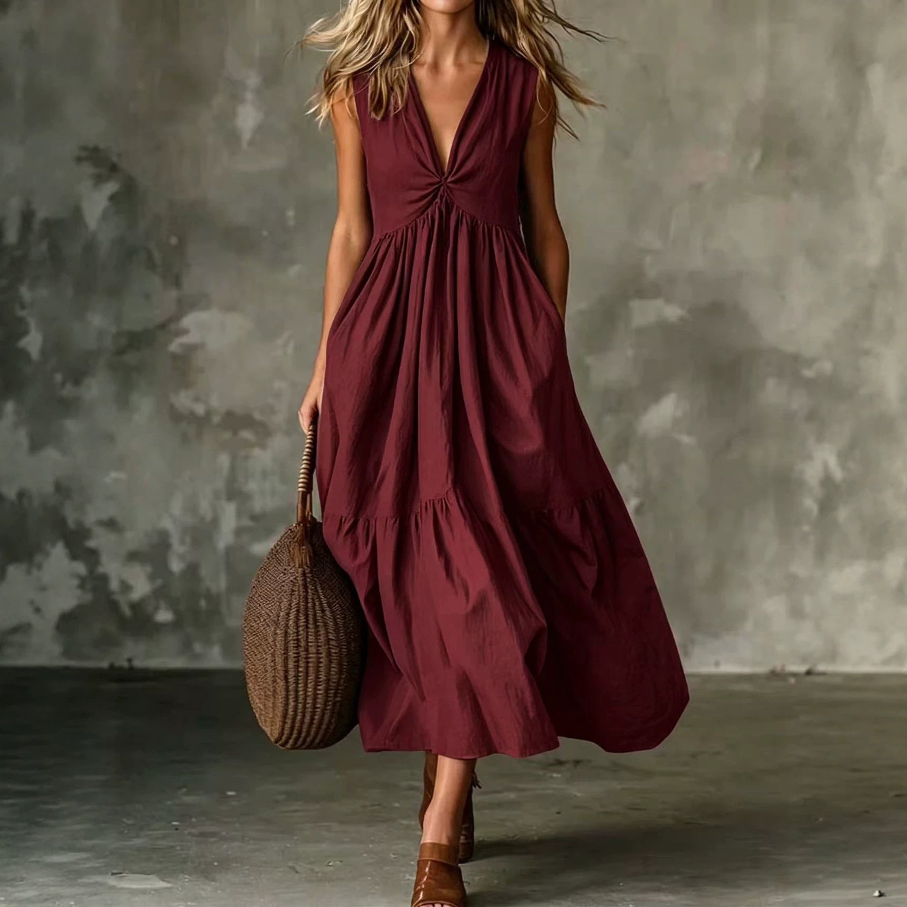 Cross-Border Elegant Casual Style Pocket V-Neck Pleated Sleeveless Vest Dress