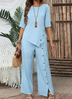 Women'S Irregular Hem Pants Suit Elegant Fashion Casual Button Half Sleeve Shirt Loose Two-Piece Set
