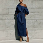 Linen One Shoulder Puff Sleeve Tie Waist Side Slit Midi Dress