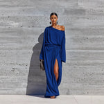 Vibrant Purple Off Shoulder Batwing Wrap Slit Maxi Dress