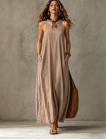 Textured Sleeveless Round Neck Pocketed Maxi Tent Dress