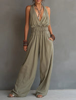 Halter Deep V Smocked Elastic Waist Wide Leg Palazzo Jumpsuit