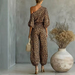 Leopard Print One Shoulder Batwing Top & Cuffed Harem Jogger 2 Piece Co-Ord Set