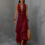 Sleeveless Draped V-Neck Asymmetrical Ruffle Maxi Dress