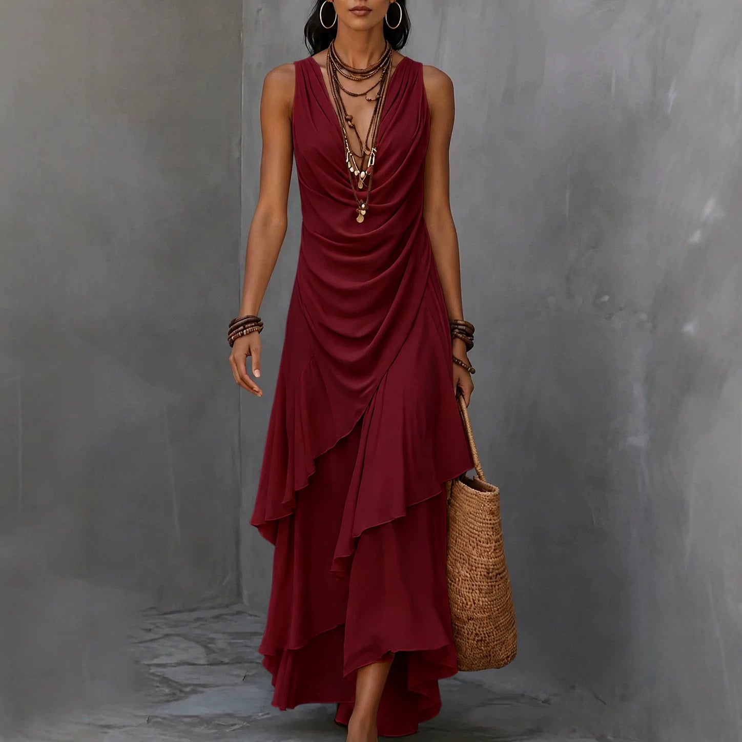 Sleeveless Draped V-Neck Asymmetrical Ruffle Maxi Dress